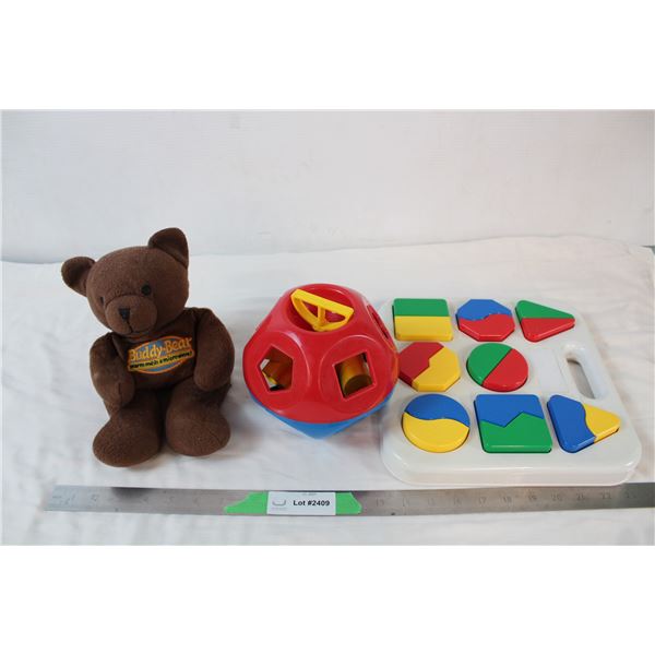 Microwavable buddy bear,  Tupperware toy and kids puzzle