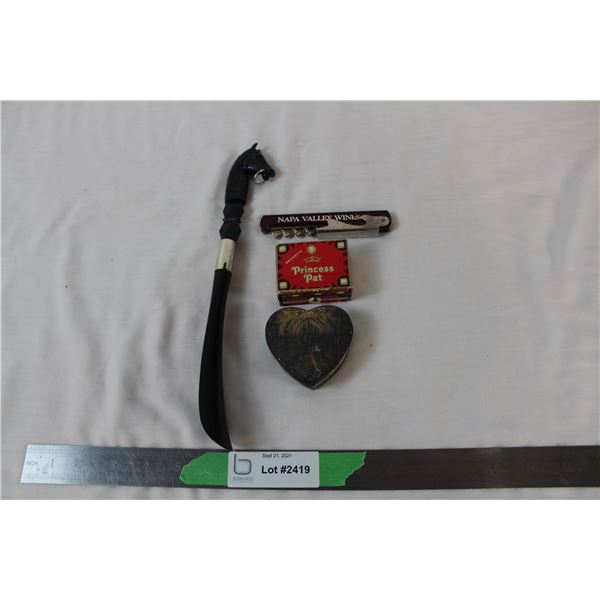 Vintage Trinket Box + horsehead shoehorn, misc