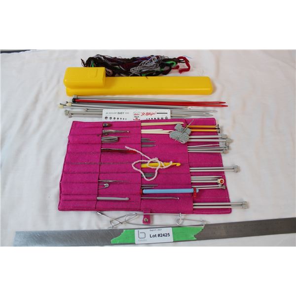 Vintage knitting needles, holders + misc