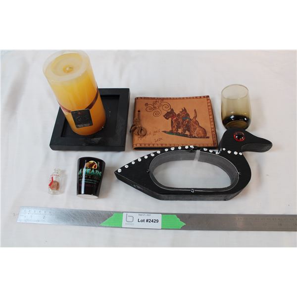 Meadow Lake leather wallet, Loon Money Bank, souvenier penny, Vanilla scented candle