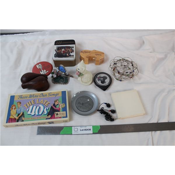 Eatons Bargain hound button,wood salt/pepper shakers, vintage coasters, ornaments, trinket box