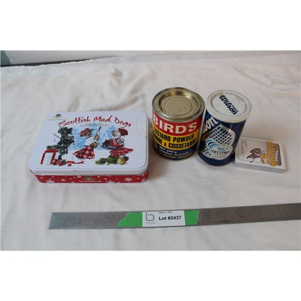 Birds custard container (1/4 full) + Scottish mad dogs tin, with racquetball + casino cards