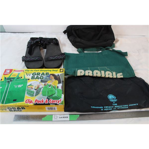 Size 10 new men's sandals, cloth shopping bags, lunch bag, misc