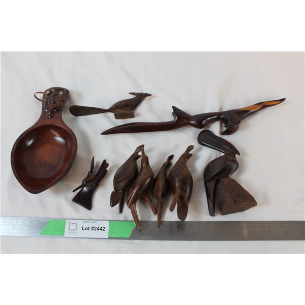Wooden dish and  iron wood  bird carvings