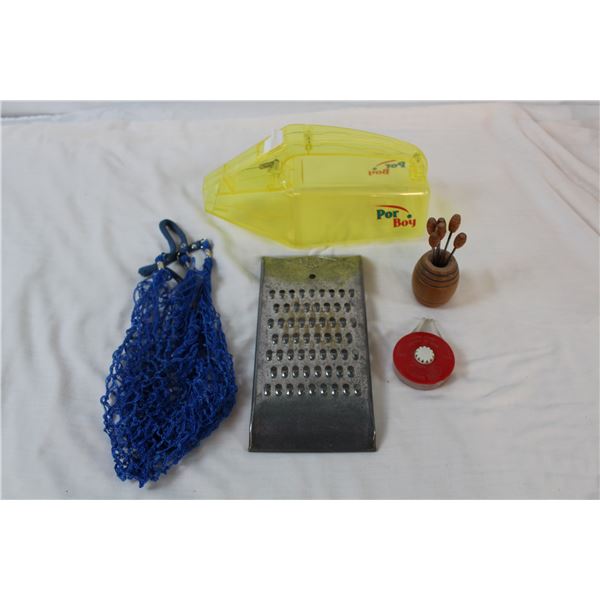 Por Boy, pickle forks, vintage cheese grater, misc