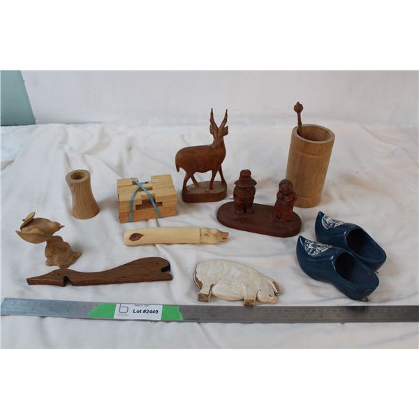 Misc wood carvings ,hanging wooden dutch shoes and ornaments