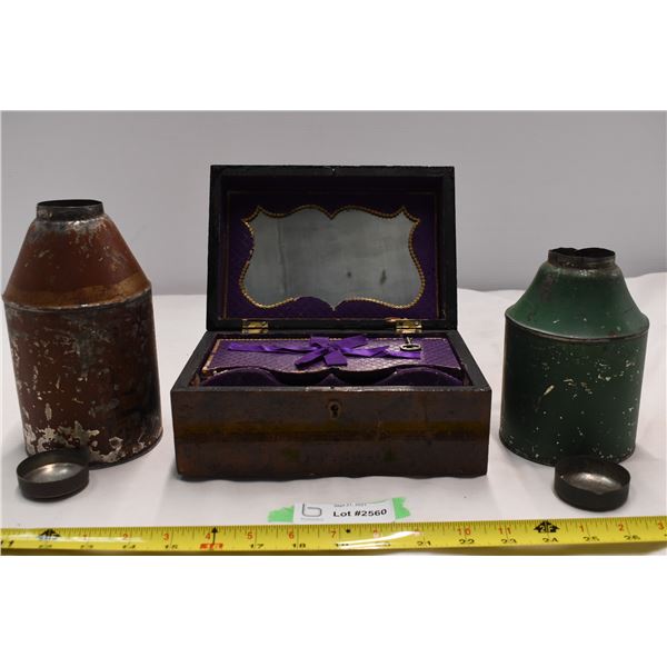 Jewellery box & 2 vintage metal canteen