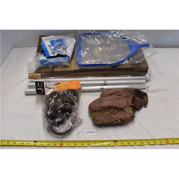 Pool cleaner stick, curtain holders, old ball glove