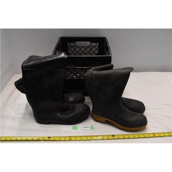 2 Pairs of rubber boots, size 10 & 9. Black milk crate included