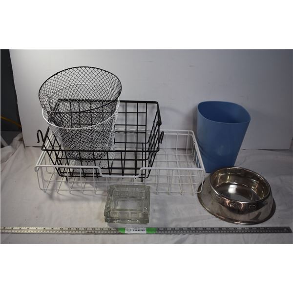 Dog dish, ashtray, garbage cans
