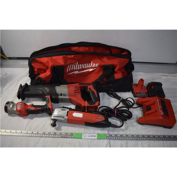 Milwaukee Toolbag with Grinder, flashlight, sawzall, batteries + charger
