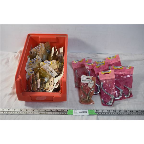 Storage container with sheet metal screws + hat/coat hooks