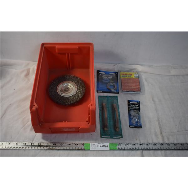 Storage container with picture wire, mirror clips,brick clips, wire grinder brush