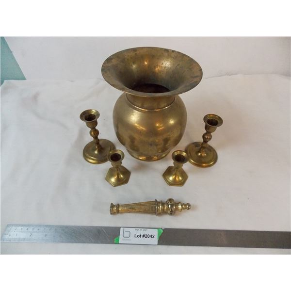 Brass Spitoon with Brass Candlesticks