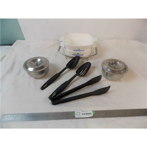 Corningware + kitchen utensils, metal tray + stainless steel warmers