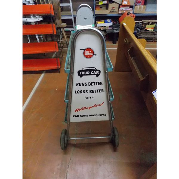 Whiz Car Care products 1950's metal service wheeled cart - 46"T, 34"L