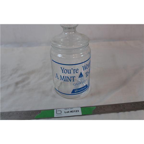 Saskatoon Star Phoenix "youre worth a mint" sealed candy jar