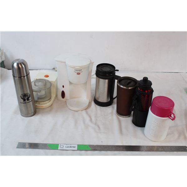 Box of travel mugs, coffee maker, small food processor