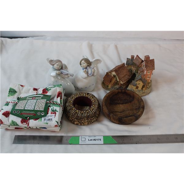 3 dishtowels, small cottage ornament, angels ornaments