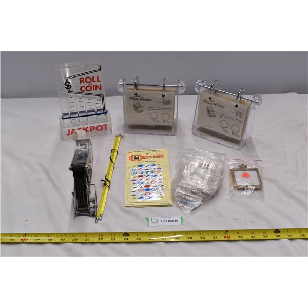 Misc. box with photo holders & label maker