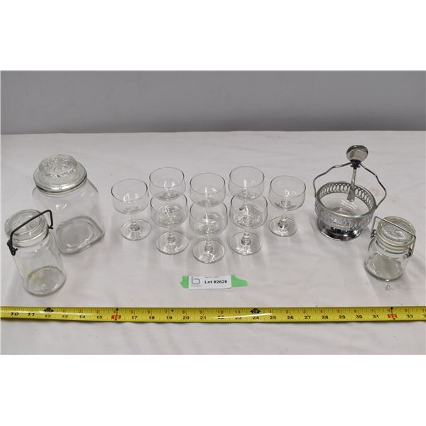 Box with glasses, sealed jars & sugar bowl