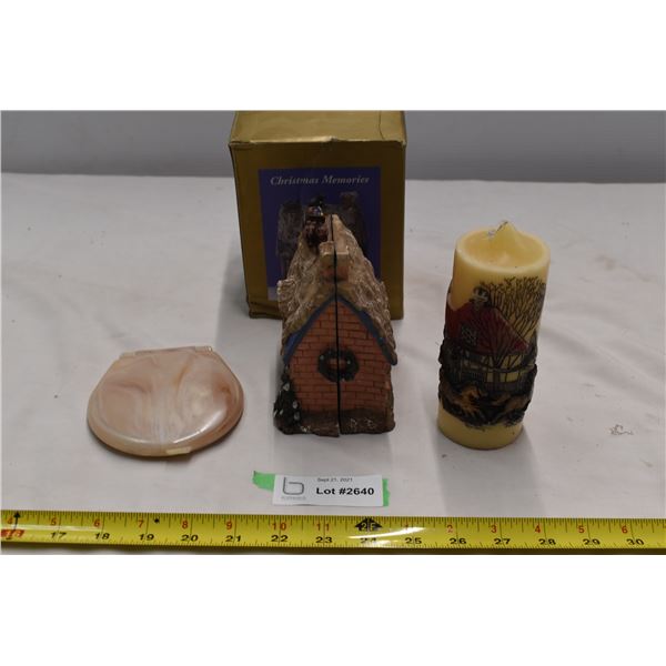 Decorative ornament house, decorated candle, pocket mirror