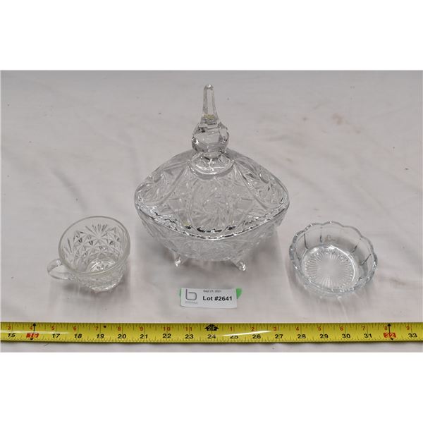 Large glass candy jar, small glass mug & small candy dish