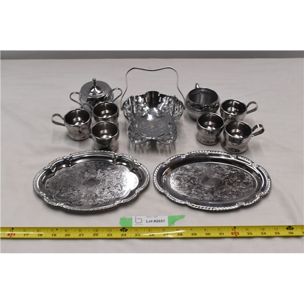 Stainless steel mugs, plates, misc