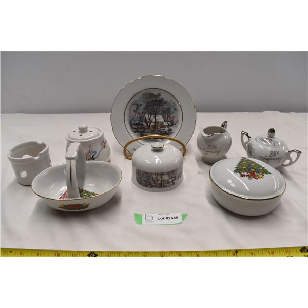 White glassware. Decorative plate, tea items, 2 christimas dishes