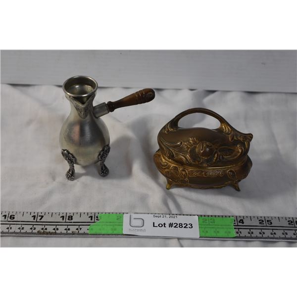 Antique Trinket Box with miniature pewter item (jewellery inside)