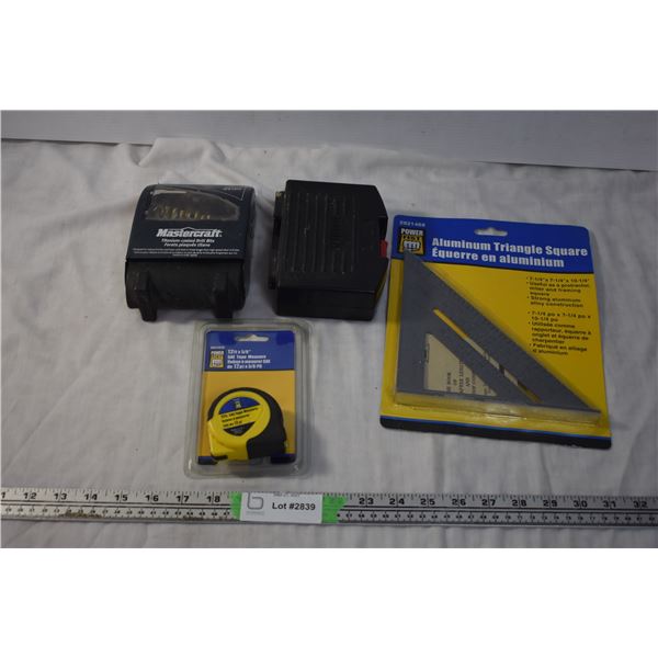 Drillbits, Aluminum Triangle Square, Tape Measure