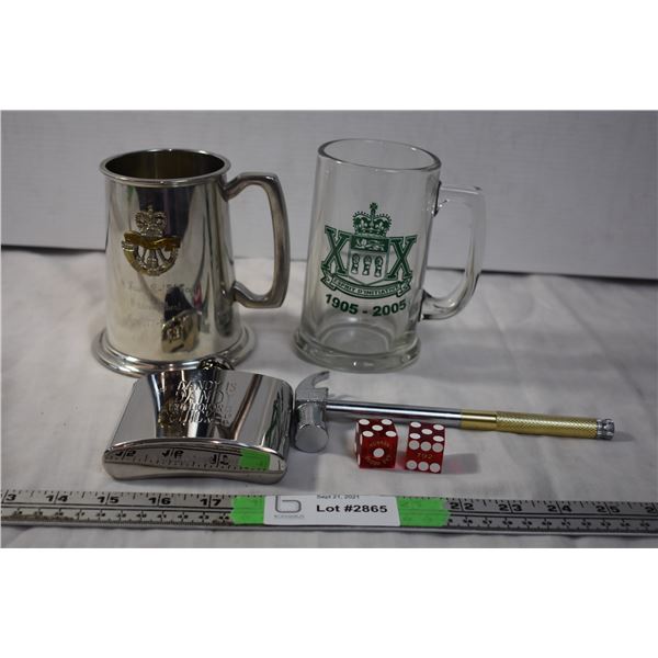Mugs, Flask, Small Hammer, and Dice