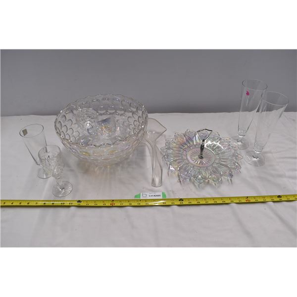 Punch bowl with serving tray. Misc glasses