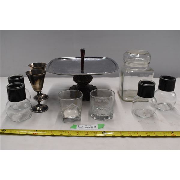Serving tray w/ metal and glasses cups, glass jar
