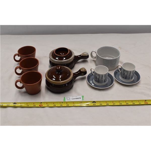 3 Terracota mugs, 2 french onion soup bowls, 2 tea cups with saucers, soup mug