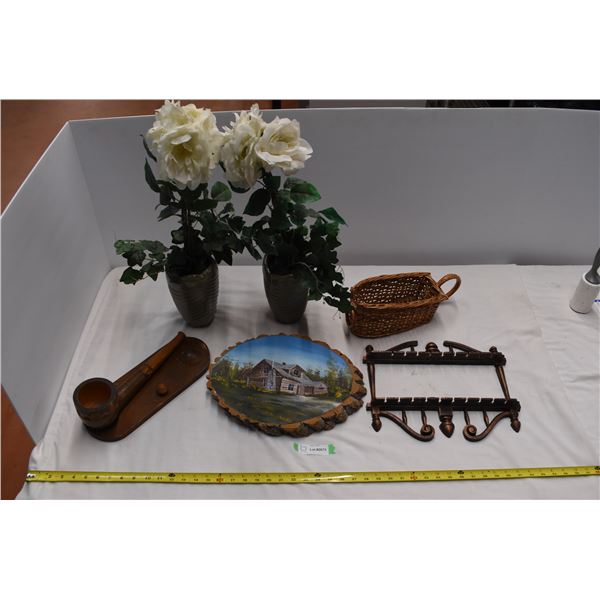 fake plants, painted wood, pipe carving, woven bowl