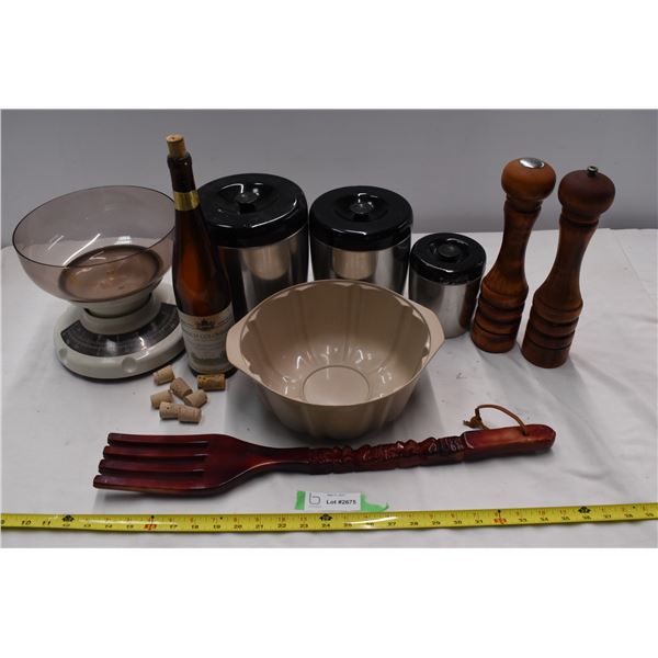 Assorted kitchen supplies. Ice buckets, scale, wine bottle & backs cratcher