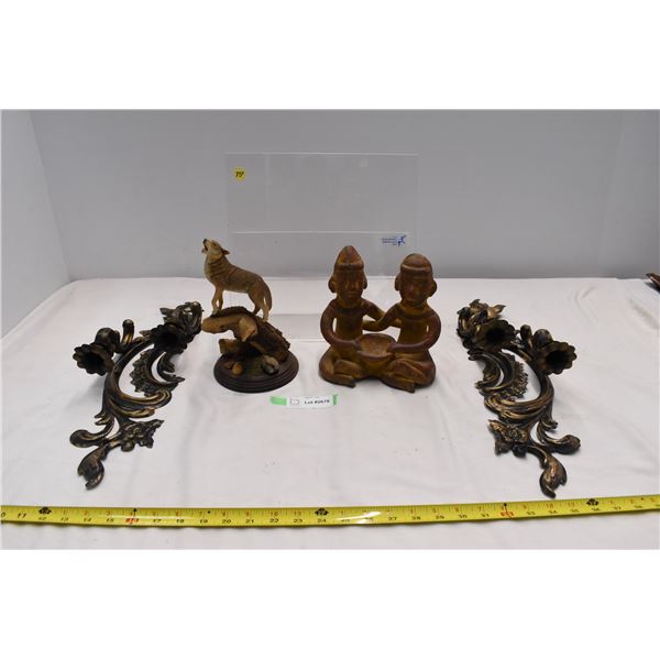 TIn candle holders, 2 sculptures, plastic book holder