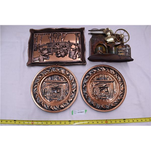 Tin picture with 2 tin plates & tin blacksmithign ornament