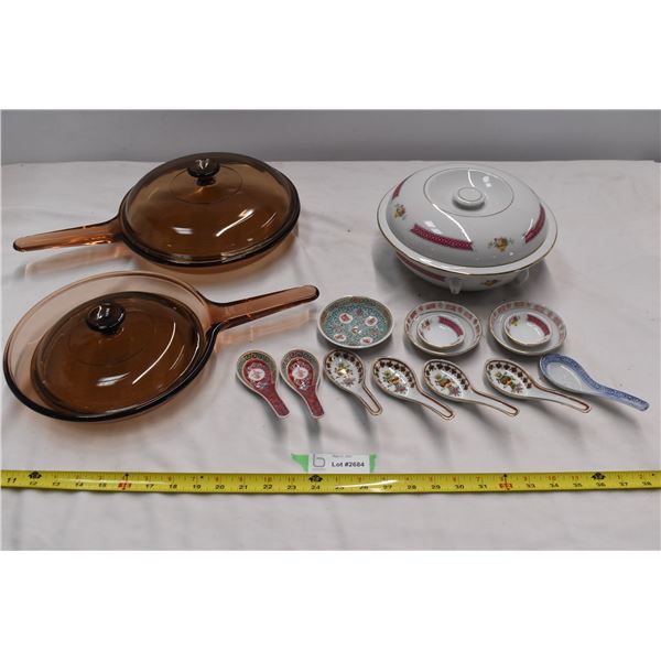 Pyrex pans & China bowl with spoons and bowl. 2nd lid doesn't fit