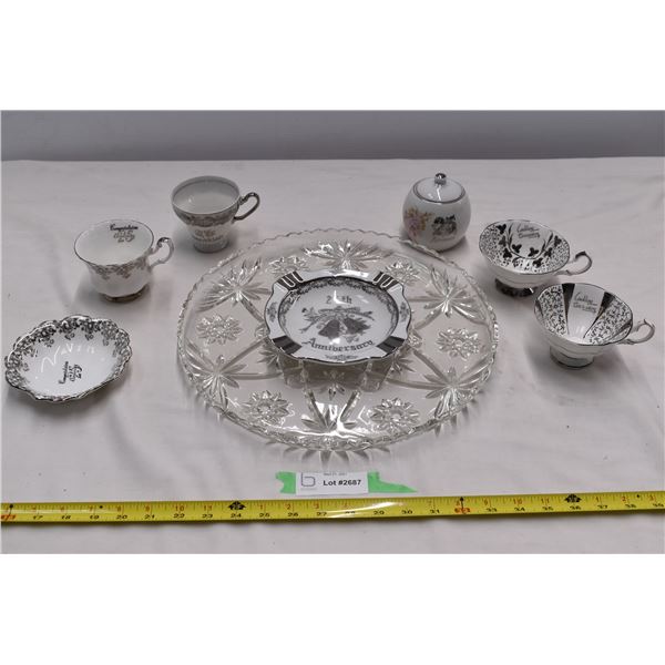 25th anniversary chinaware (royal albert cup+saucer) + glass serving tray