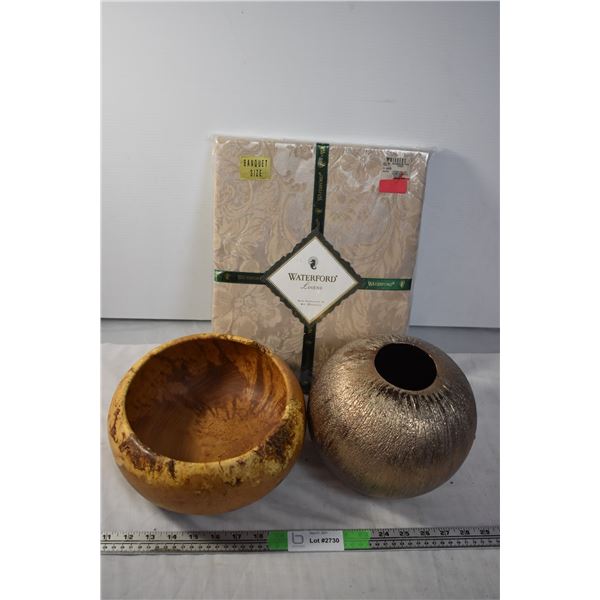 Tablecloth, Handmade Wooden Bowl, and Ornamental Vase