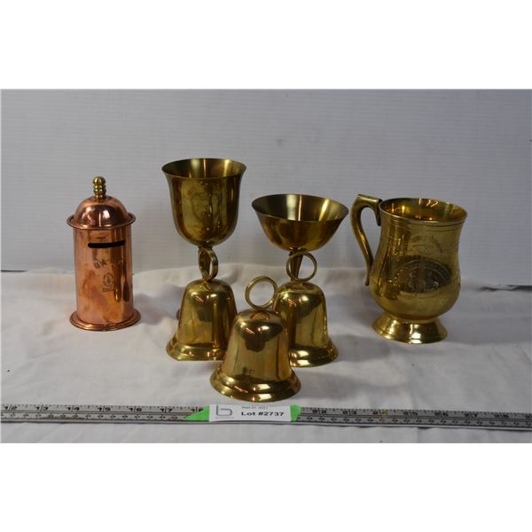 Brass item lot - bells and chalices + copper bank