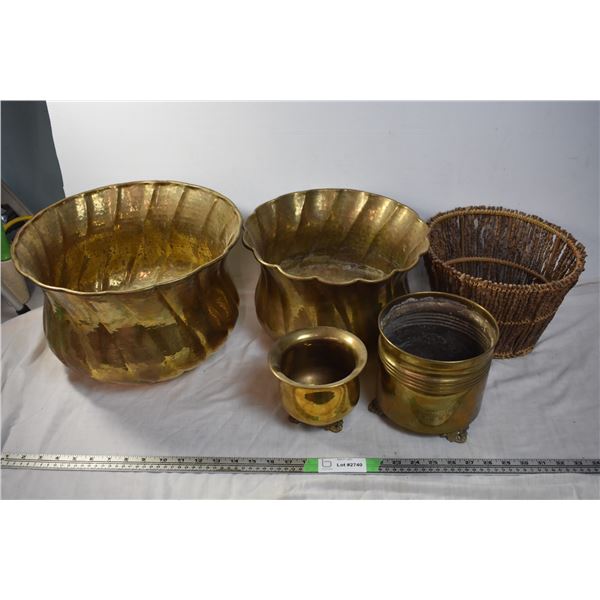 Brass Flower Planters + Twig woven basket