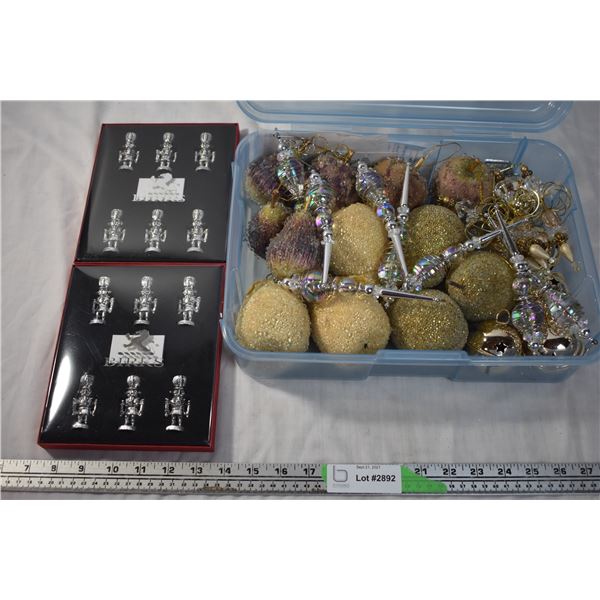 Box of Chirstmas Ornaments and Birks Nutcracker Decorations