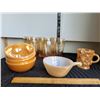Image 1 : Vintage Fire King lustreware pieces & peach lustre glasses.