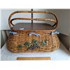Image 1 : Large wicker & wood basket. 2 handles, hinged lid & cloth insert.