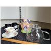 Image 1 : Novelty house teapot, glass teapot, vintage cups and saucers.