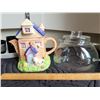 Image 2 : Novelty house teapot, glass teapot, vintage cups and saucers.
