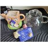 Image 3 : Novelty house teapot, glass teapot, vintage cups and saucers.